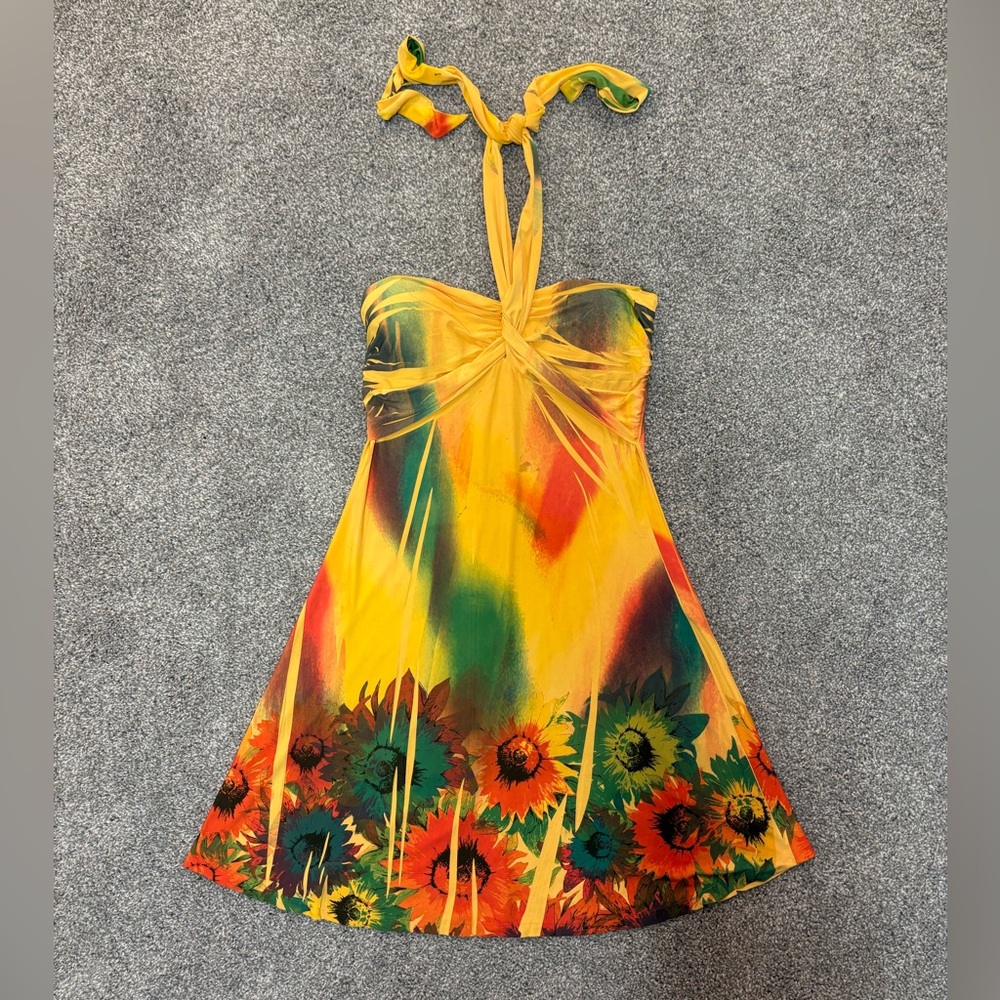 Sunflower Burst Halter Mini Dress